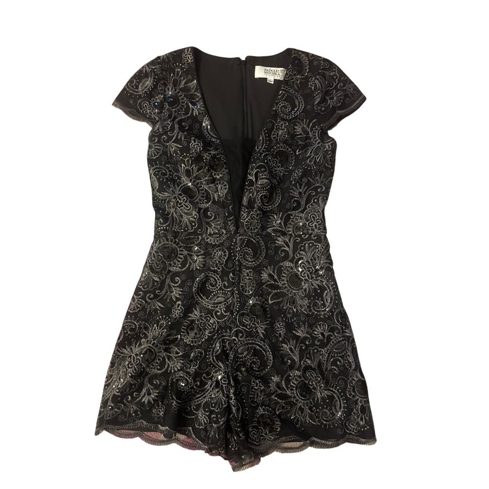 8 Badgley Mischka Collection Corrine Romper Black Metallic Lace Overlay Mesh